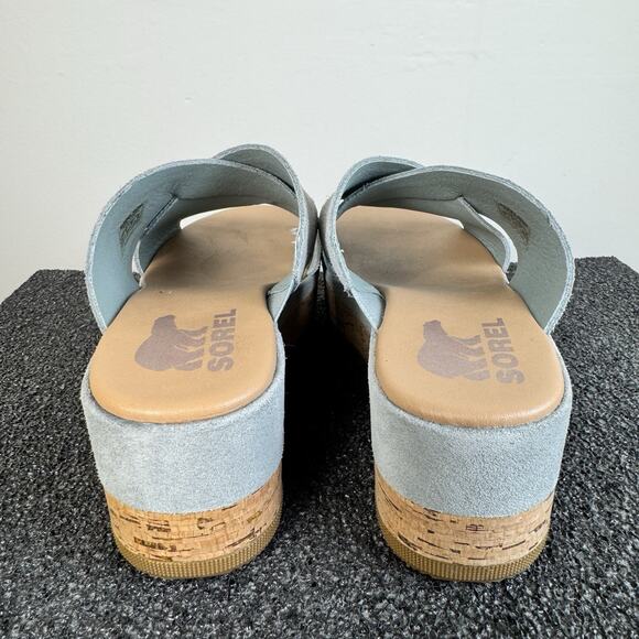 SOREL Women’s Cameron Flatform Mule Sandal In A Light Blue Suede Material Size 7 - Picture 2 of 8